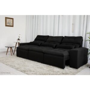 Sofá Retrátil e Reclinável 2,10m c/ 03 Módulos em Tecido Suede Preto - Montagem Inclusa