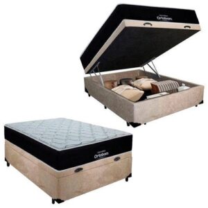Cama Box Baú Casal Suede + Colchão Casal Molas Ensacadas Airtech Springpocket Ortobom 69x138x188 Suede Bege
