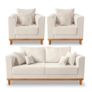 Kit Sofá 3 Lugares e 2 Poltronas Beny Viena Com Almofadas Decorativa Linho Bege – Madeira Prima Deccor