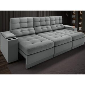 Sofá com Porta Copos e Carregador USB Eureka 2,30m Assento Retrátil e Reclinável Velosuede Grafite - netsofas