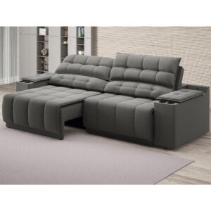 Sofá com Porta Copos Carregador USB Retrátil Reclinável Samurai 2 mt Velosuede Cinza netsofas