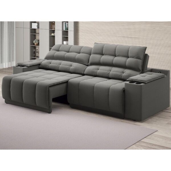 Sofá com Porta Copos Carregador USB Retrátil Reclinável Samurai 2 mt Velosuede Cinza netsofas